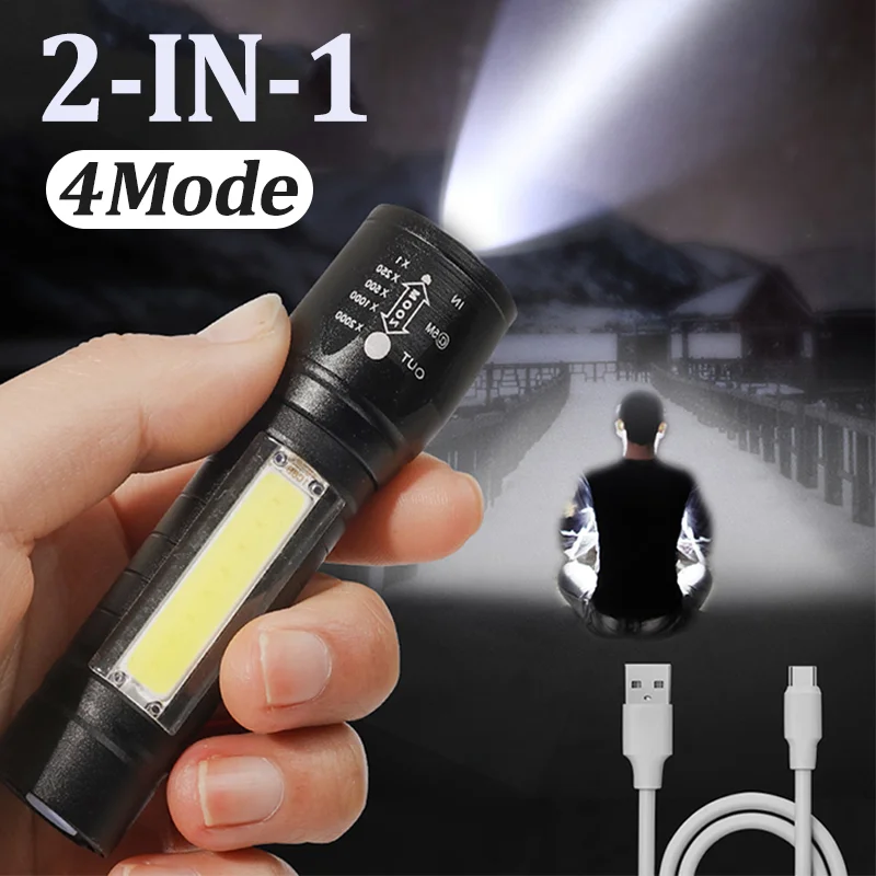 

2-IN-1 LED Flashlight Bright Handheld Tactical Torch USB Rechargeable 4Modes Work Light COB Beads Flash Light for Camping Hiking