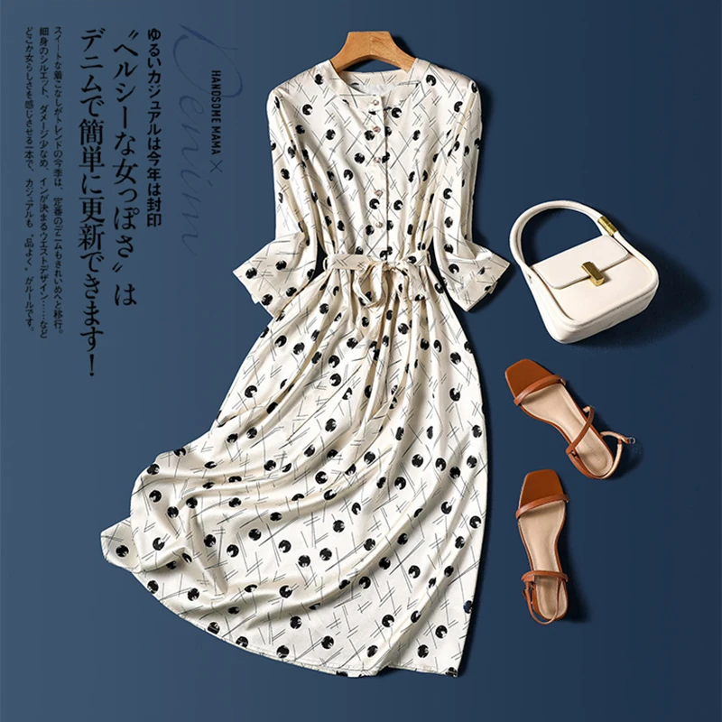 

2023 Spring Summer Womans Polka Dot Printing Dress Korean Fashion O Neck Half Sleeve Soft Silky Dresses Female Mid-calf Dress