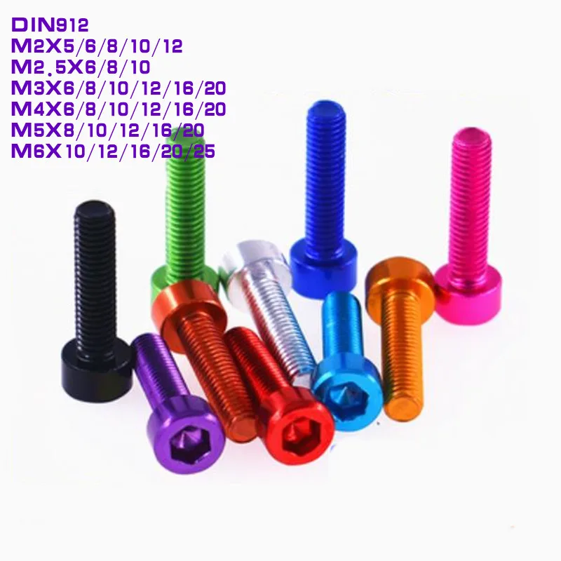 

Aluminum cap head screw 10pcs DIN912 M2 M2.5 M3 M4 M5 M6 Colourful Aluminum Hexagon Hex Socket Head Machine Screw Bolts 10PCS