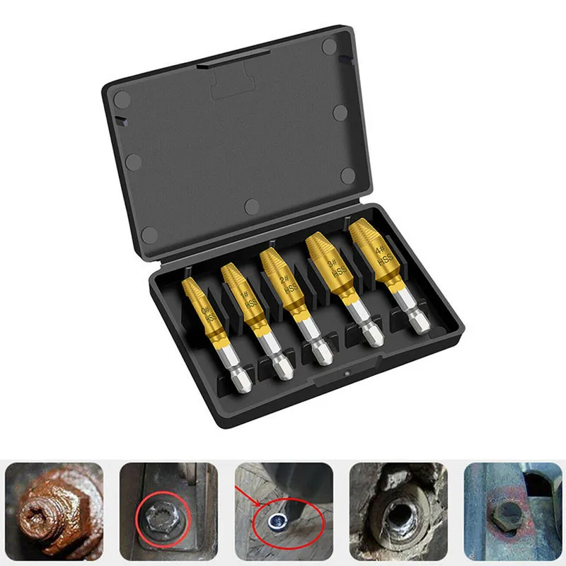 5pcs Damaged Screw Extractor Drill Bit Set 1/4'' Hexagon Handle Broken Screw Remover Take Out Demolition Tools
