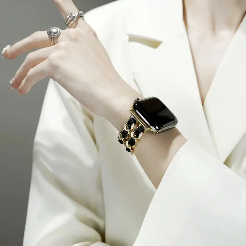 Luxury Metal Leather Strap For Apple Watch Band 49mm 41mm 45mm 44mm 40mm 38/42mm Women steel Bracelet For iWatch Ultra 8 7 SE 6