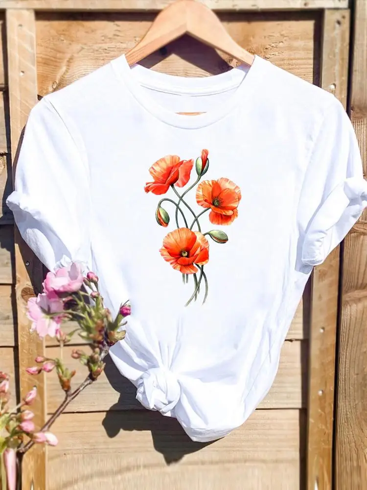 

Clothing Fashion Women Print Summer T-shirts Shirt Female Watercolor Flower Cute Graphic T Top Short Sleeve Cartoon Tee T-Shirt