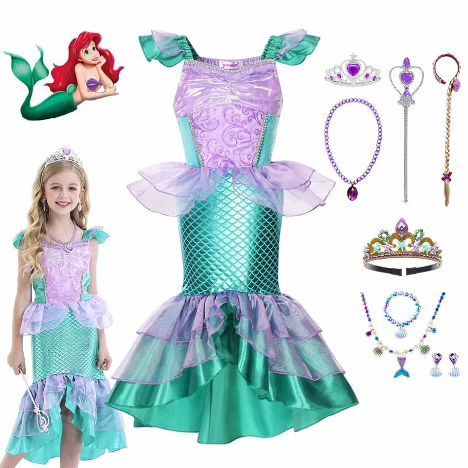 

Детский костюм Русалочки для девочек, Платье Принцессы Disney для косплея, яркая одежда для детей на день рождения, платье Ариэль
