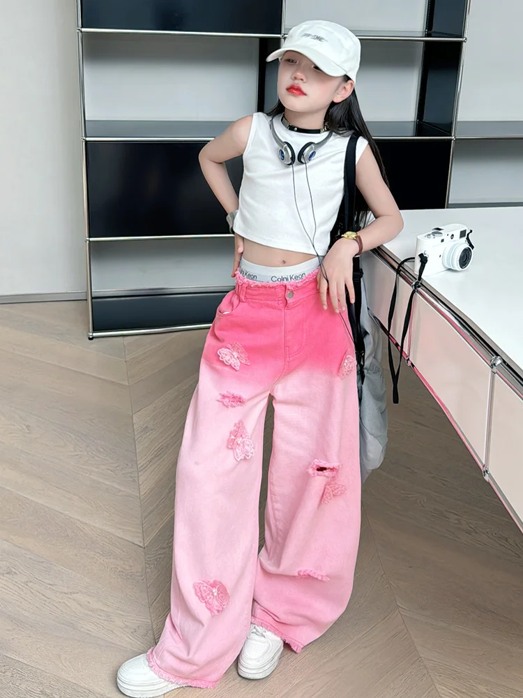 Джинсы для девочек летние новые большие детские американские рваные градиентные