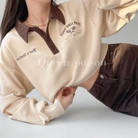 deeptown y2k vintage beige sweatshirts women harajuku 90s aesthetic embroidery hoodie oversize long sleeve crop top tshirts