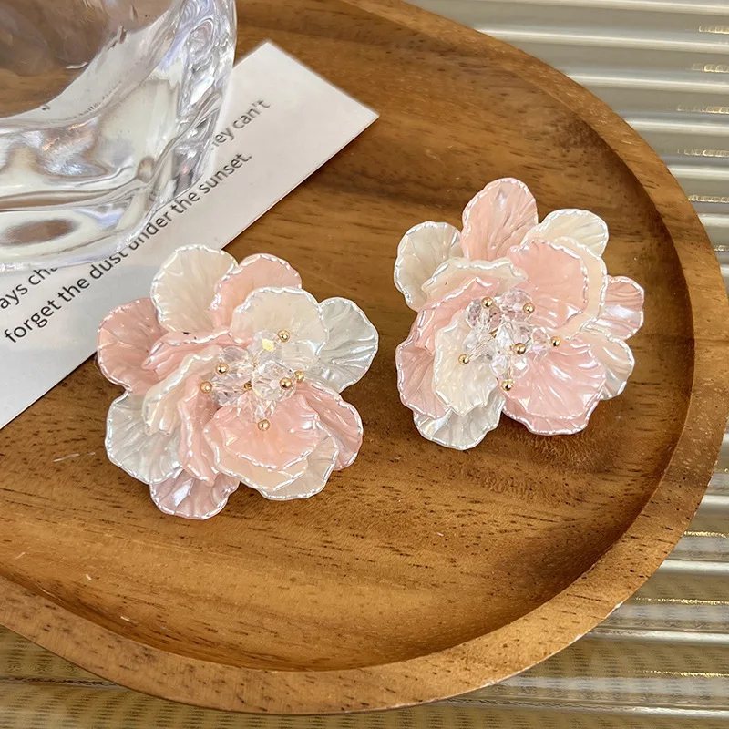 

Minar Exaggerated Multi Layered Pink Gradient Color Acrylic Resin Flower Dangle Earrings Crystal Large Earring for Women Brincos