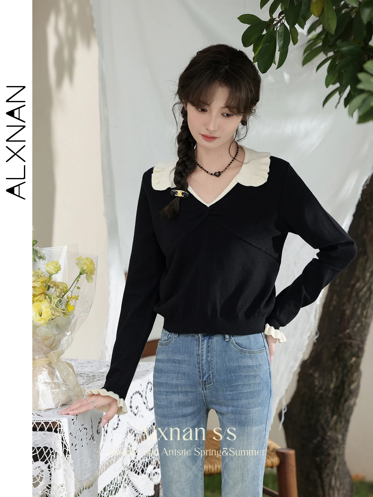 ALXNAN женский свитер с воротником Питера Пэна осень 2023 новый сращенный вязаный