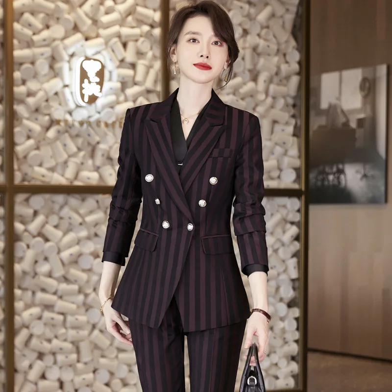 High-quality Soft 2 Piece Suit Set Striped Formal Pant Suit Blazer Office Lady Women Business Dress