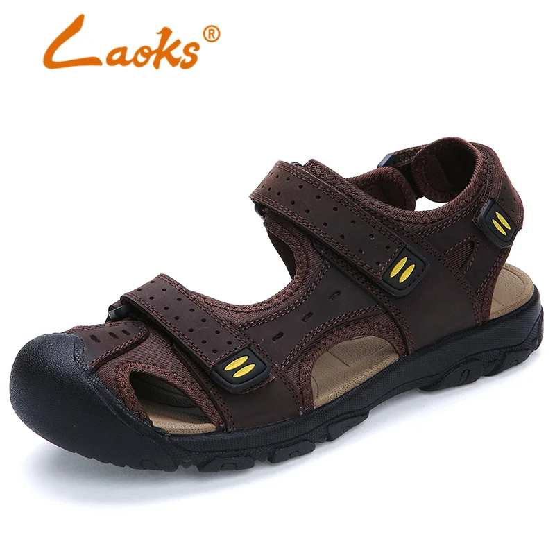 

Laoks 2023 New Genuine Leather Sandals for Men Soft Comfortable Beach Single Shoes Hiking Hook&Loop Baotou Roman Slippers 38-48