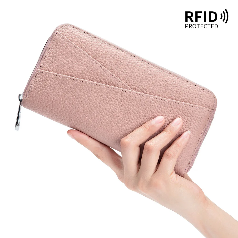 Fashion New  Genuine Leather Card Holder Solid Color Mid-length  Clutch Single Zipper RFID Custom Long Women's Wallet