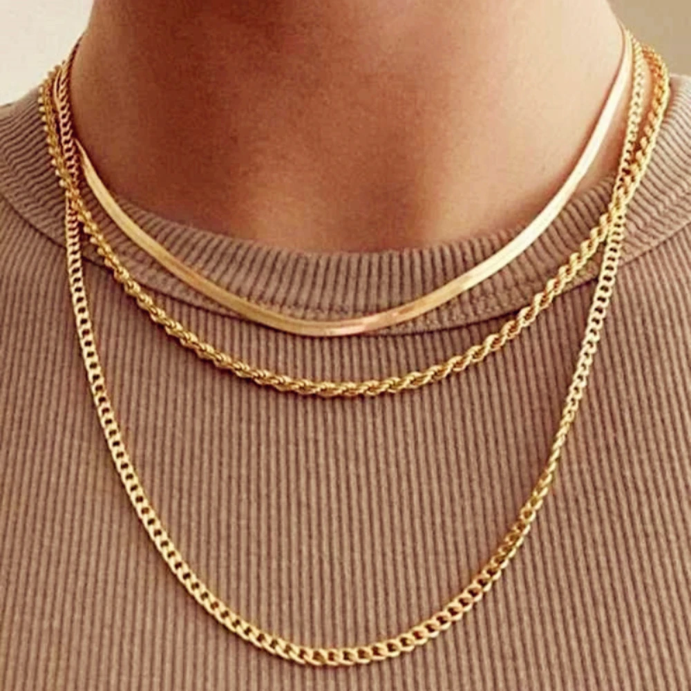 

Classic Stainless Steel Gold Color Chain for Women Necklace Flat Snake Miami Curb Twist Rope Basic Style for Layered Women Neck