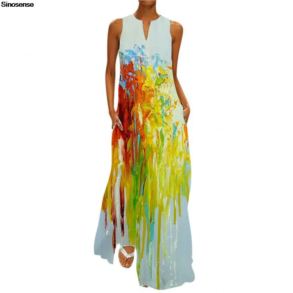 

Women Summer Tank Long Maxi Dress With Pockets Vintage Printed Sleeveless A Line Loose Boho Dress Elegant Beach Party Dress 5XL