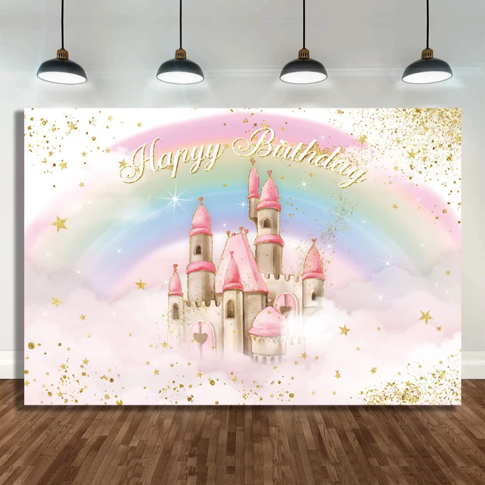 

Золотой Королевский Радужный замок принцесса фон розовый сказочный замок для девочек День Рождения фотография фон для фотостудии баннер