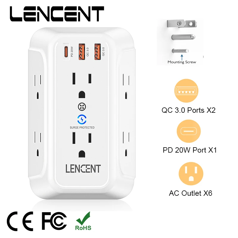 

Настенный удлинитель LENCENT с 6 розетками переменного тока, 2 USB QC 3,0, быстрая зарядка, 1 PD, 20 Вт порт, адаптер питания, защита от перенапряжения дл...