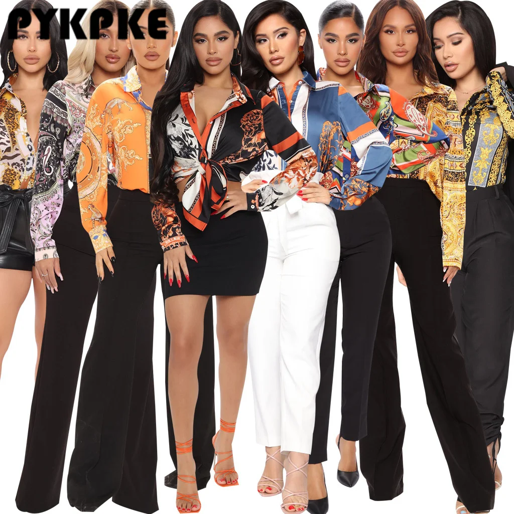 

Women Fashion Elegant Print Button Design Shirt Long Sleeve Patchwork Spring Autumn Officewear Blouse Women