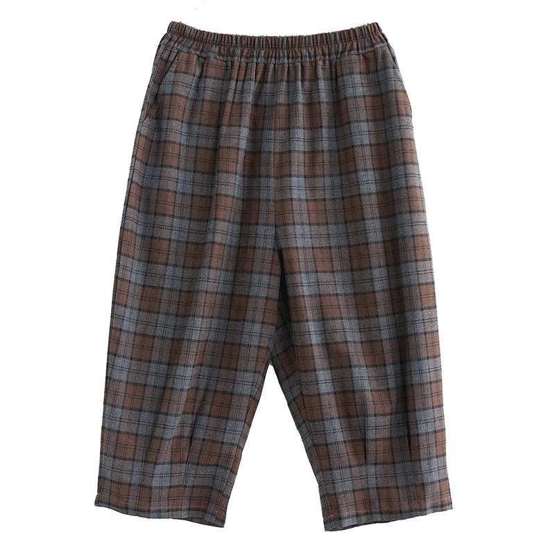 Женские клетчатые брюки до щиколотки повседневные свободные из хлопка и льна с