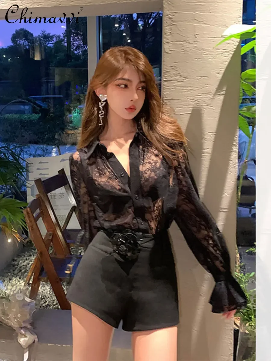 

Sexy Romantic Lace Shirt for Women 2023 Spring New Loose Flared Long Sleeve Single-Brewed Lapel Black Blouse Top Hot Girl