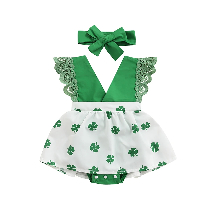 

2022 Baby Girl Romper, Short Sleeve V Neck Buttons Clover Print Toddlers Casual Kid Loose Bodysuit + Headband