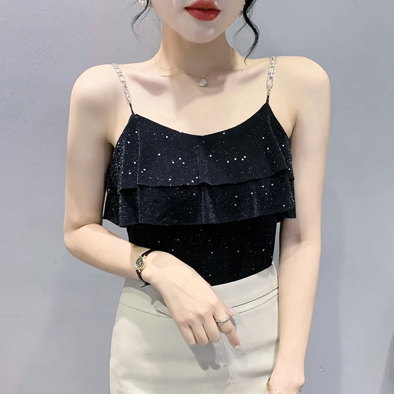 Женская блузка без рукавов черная Повседневная сетчатая в Корейском стиле с