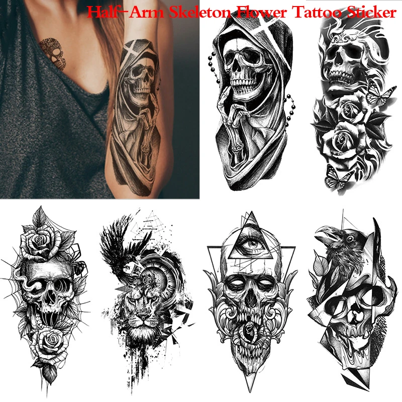 

Black Large Flower Fake Tattoo Sticker Skull Tattoo Temporary Tattoos 3D Forearm Half Sleeve Temporary Tattoos