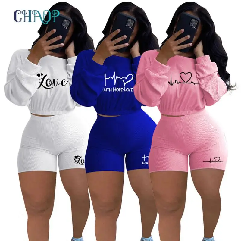 

Love Print Women Loose Casual Pullovers Long Sleeve Crop Top + Shorts 2 Pieces Set Tracksuit Female Sports Suit Spring Summer