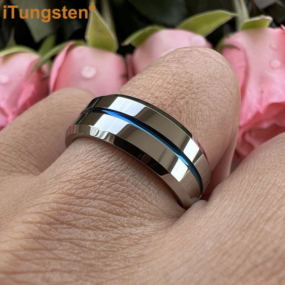 iTungsten 8mm Shiny Forever Ring Tungsten Wedding Band For Men Women Beveled Grooved Polished Finish Comfort Fit