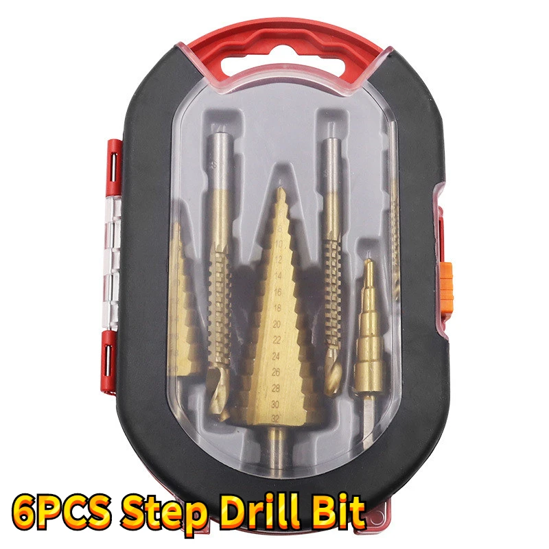 

6pcs 4-12/4-20/4-32 mm HSS Straight Step Drill Bit Titanium Coated Wood Metal Hole Cutter Core Cone Drilling Tools Set Free 3mm