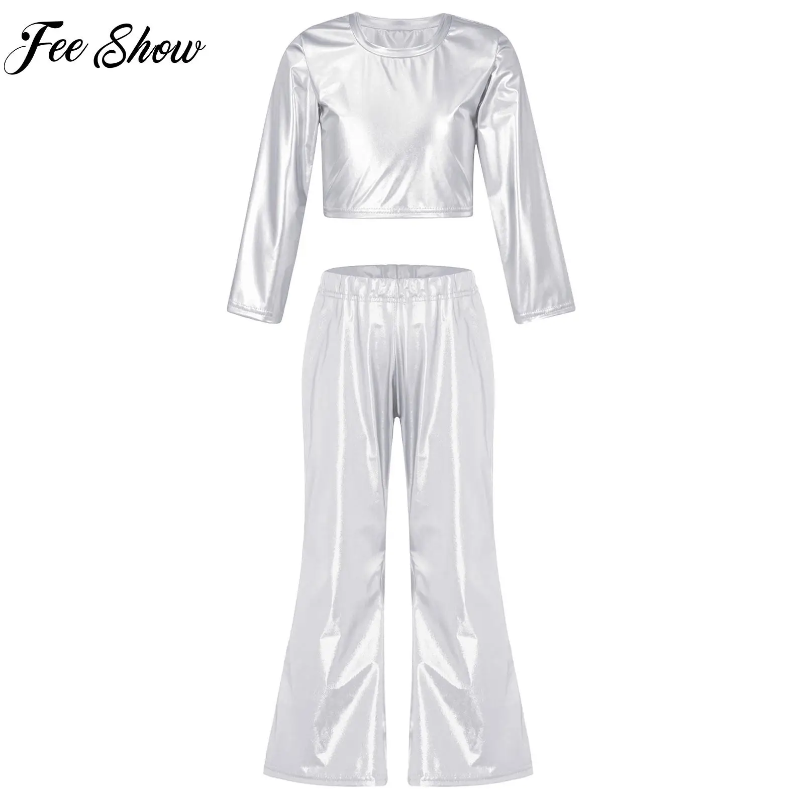 

Girls Boys Shiny Metallic Jazz Dance Outfit Two Pieces Long Sleeve Crop Top Mid Waist Flared Pants for Dancing Stage Performance