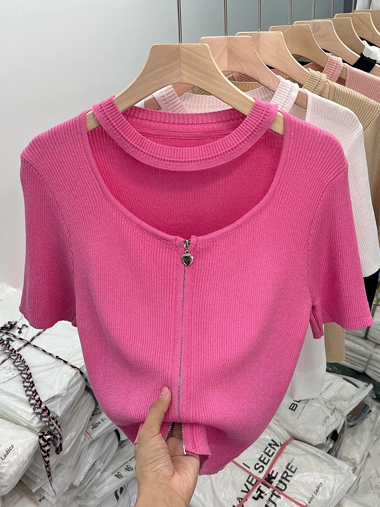 

Women Rose Red Knitted Cardigan Sweater Vintage Harajuku Short Sleeve Fashion Elegant Female Solid Color Black Sweaters Top 2023