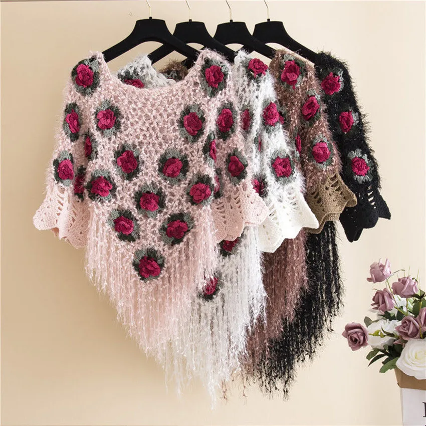 

Autumn Winter Warm Mohair Long Sweater Women Floral Embroidery Crochet Sweaters Vintage Poncho Jumper Pull Femme