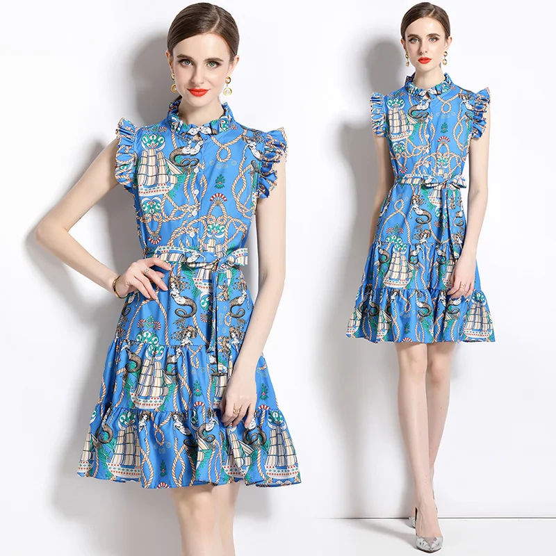 

New summer high-end fungus collar lotus leaf sleeve waist print short dress QP6320068
