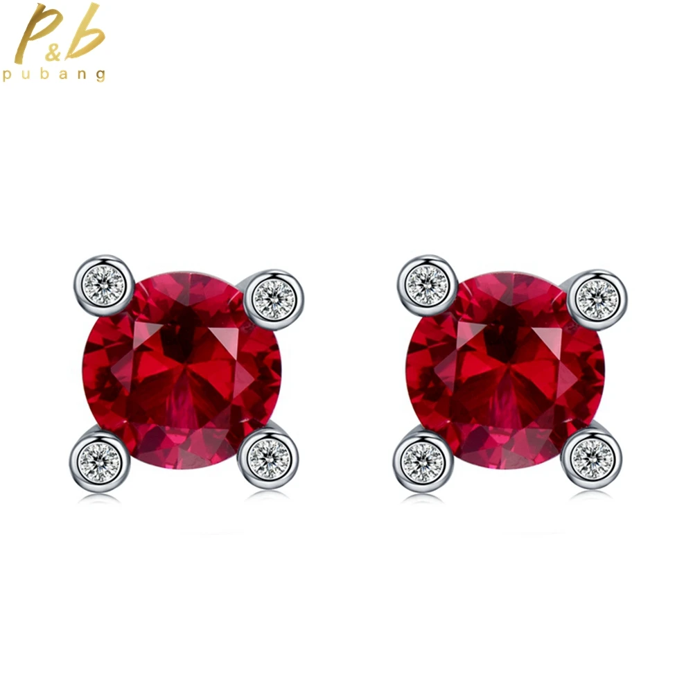 

PuBang Fine Jewelry 100% 925 Sterling Silver Round Ruby Created Moissanite Stud Earring for Women Anniversary Gift Drop Shipping