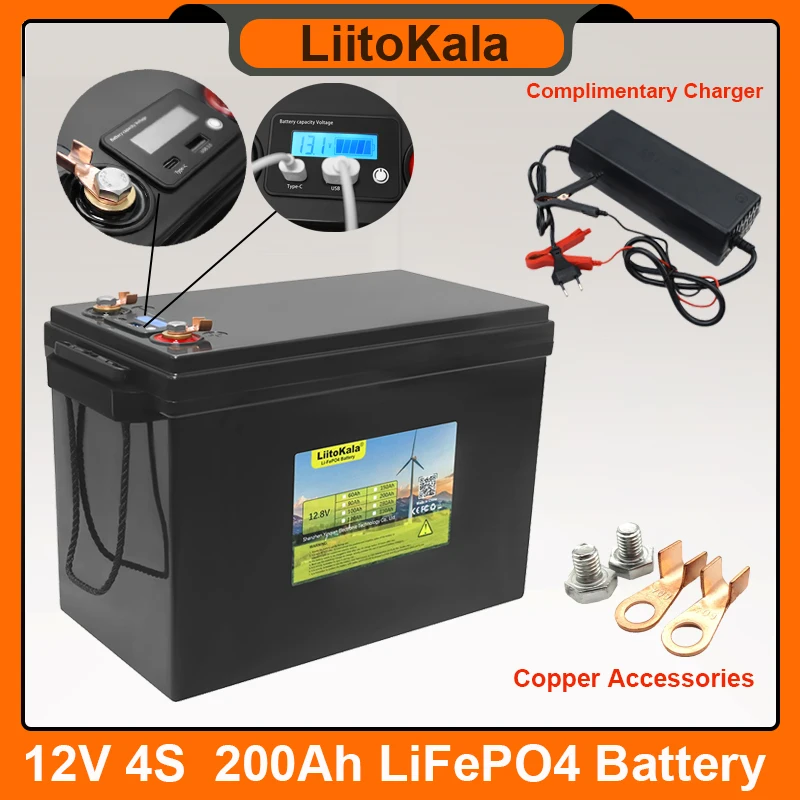 

LiitoKala 12v 12.8V 200Ah LiFePO4 battery 4 String BMS USB 3.0 For RV Campers Golf Cart Off-Road Solar Wind 14.6V 20A Charger