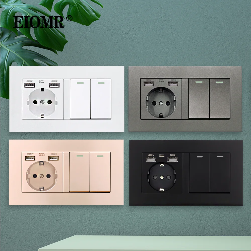 

EIOMR EU Standard Light Switch 146mm * 86mm Panel 16A Electrical Outlet 2 Gang 1Way/2Way Stair Corridor Switch Wall USB Socket