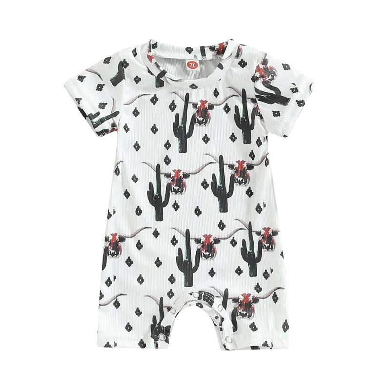 

Infant Romper Baby Girls Boys Western Style Cow Print Short Sleeve Crew Neck Snap Closure Jumpsuits Summer Newborn Clothes