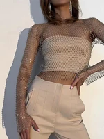 Women Sexy Mesh See Through T Shirt Shiny Rhinestone Fishnet Hollow Out Crop Top Long Sleeve Beach Cover Up Party Club Tank Tops 1