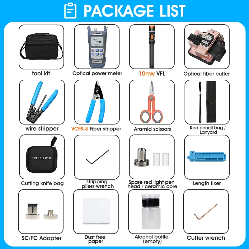 FTTH Fiber Optic Tool Kit with Fiber Fibra Optica Power Meter and 10mW Visual Fault Locator AUA-X3 Fiber Cleaver FTTH tool
