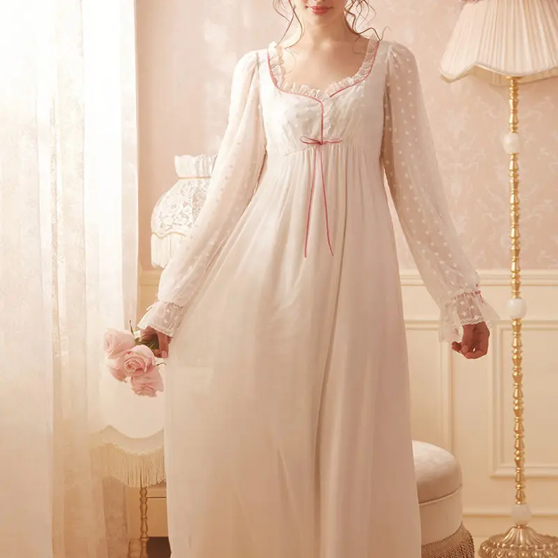 

spring New Women Lolita Dress White Lace v Neck Princess Sleepshirts Vintage Ladies Nightgowns Nightdress sexy Lounge Sleepwear