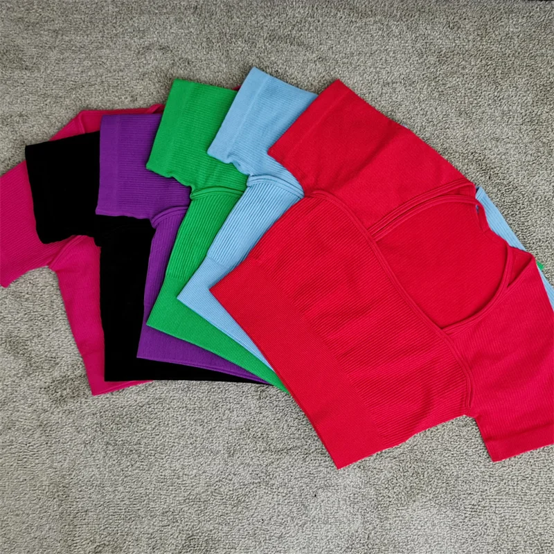 Women Yoga T-Shirt Seamless Female Fitness Crop Top Workout Gym Training Shirts Athletic Short Sleeve Yoga T-shirts Sportswear