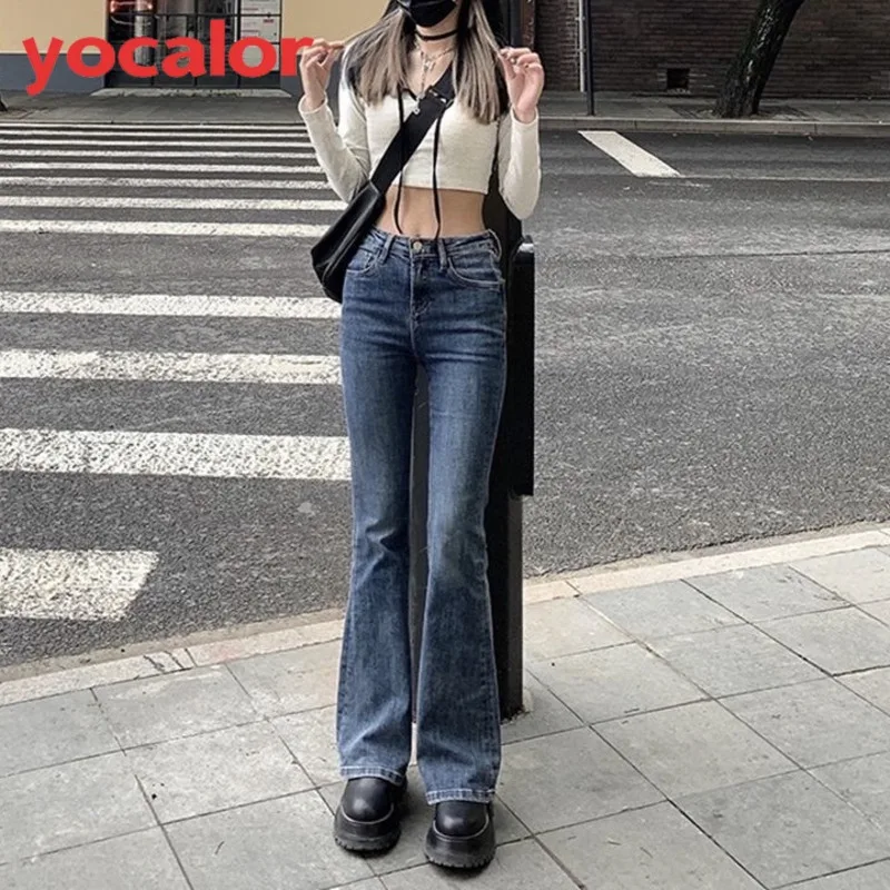 

2022 Women's High Waist Vintage Trumpet Jeans Female Streetwear Fashion Elastic Slim Denim Flare Pants For Women Bell Bottoms