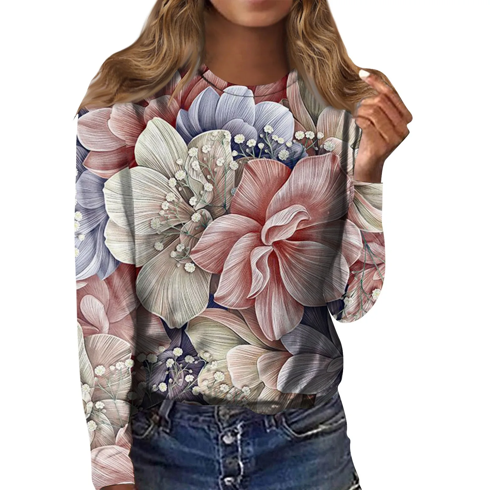 

Women's T-shirt Vintage FLORAL Print Shirt For Ladies Harajuku Streetwear Tops O-neck long Sleeve Tees Female Loose Clothes