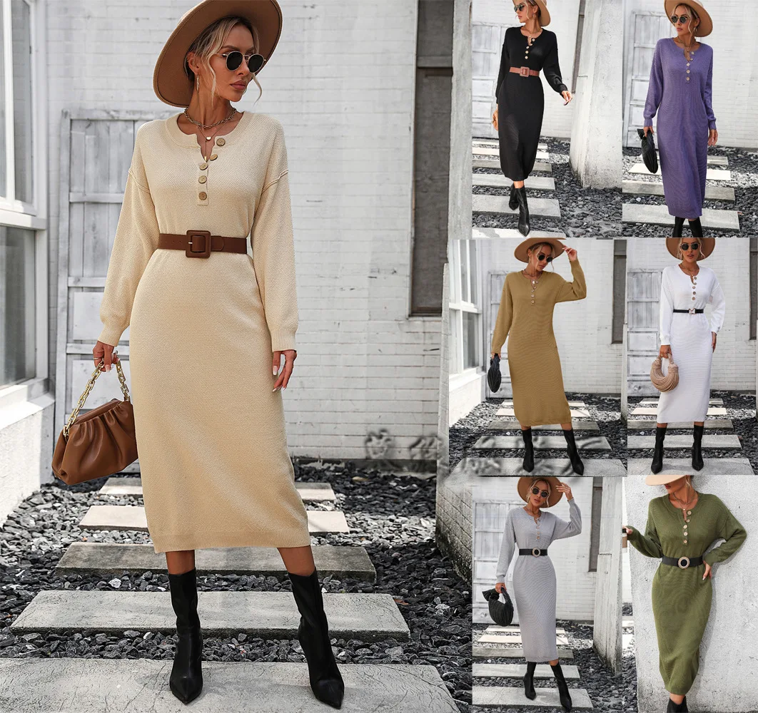 

2023 Autumn/Winter New Button Knitted Dress Women Fashion Solid Color Long Sleeve Bodycon Dress