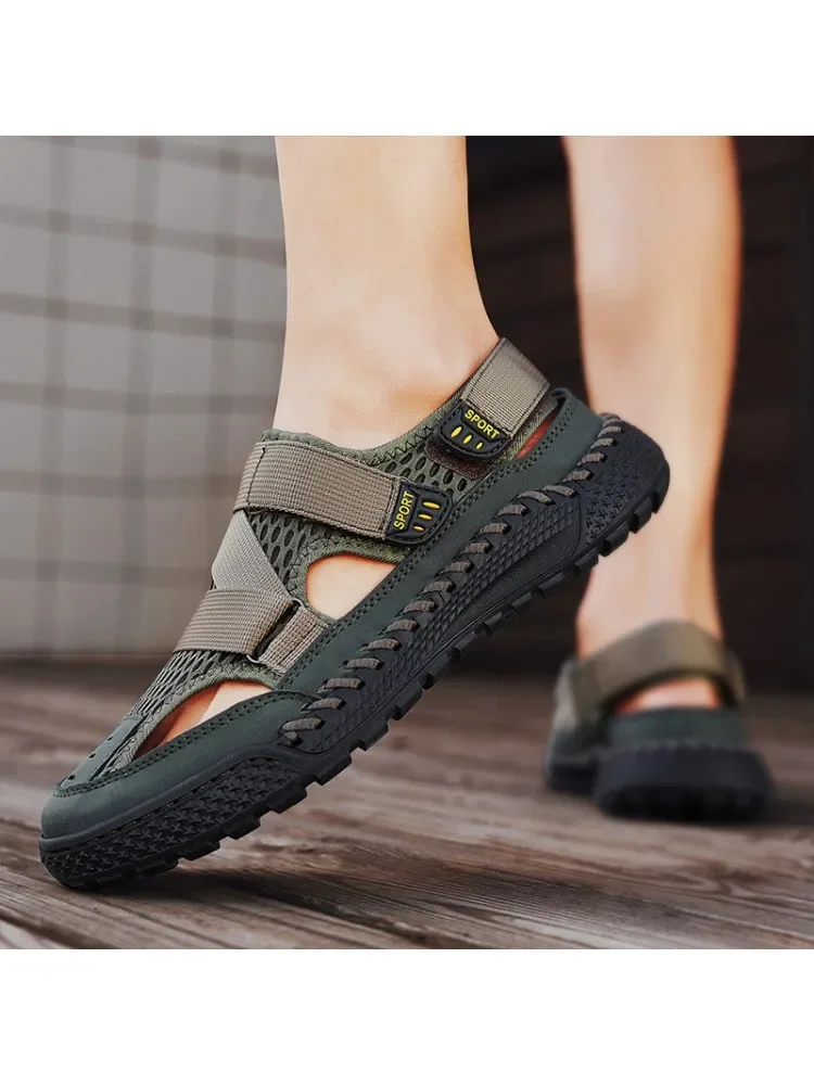 Мужские сандалии больших размеров дышащая сетчатая пляжная обувь Нескользящие с