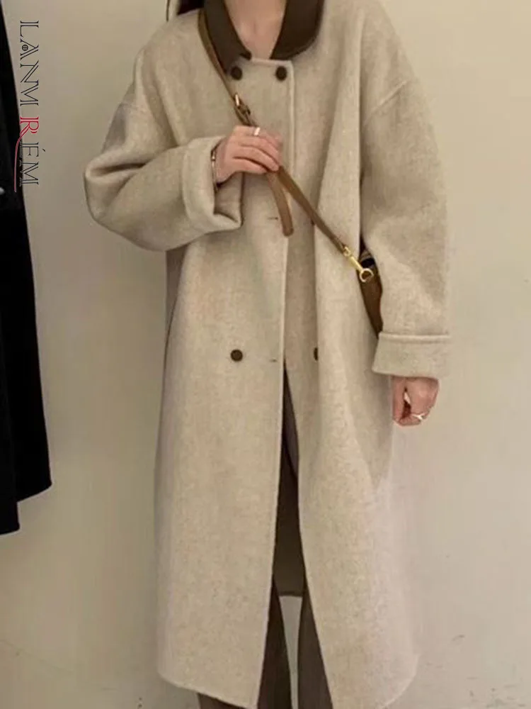 

Женское двубортное кашемировое пальто LANMREM, двубортное пальто средней длины с отложным воротником, свободные универсальные зимние пальто для женщин, 2DA1950