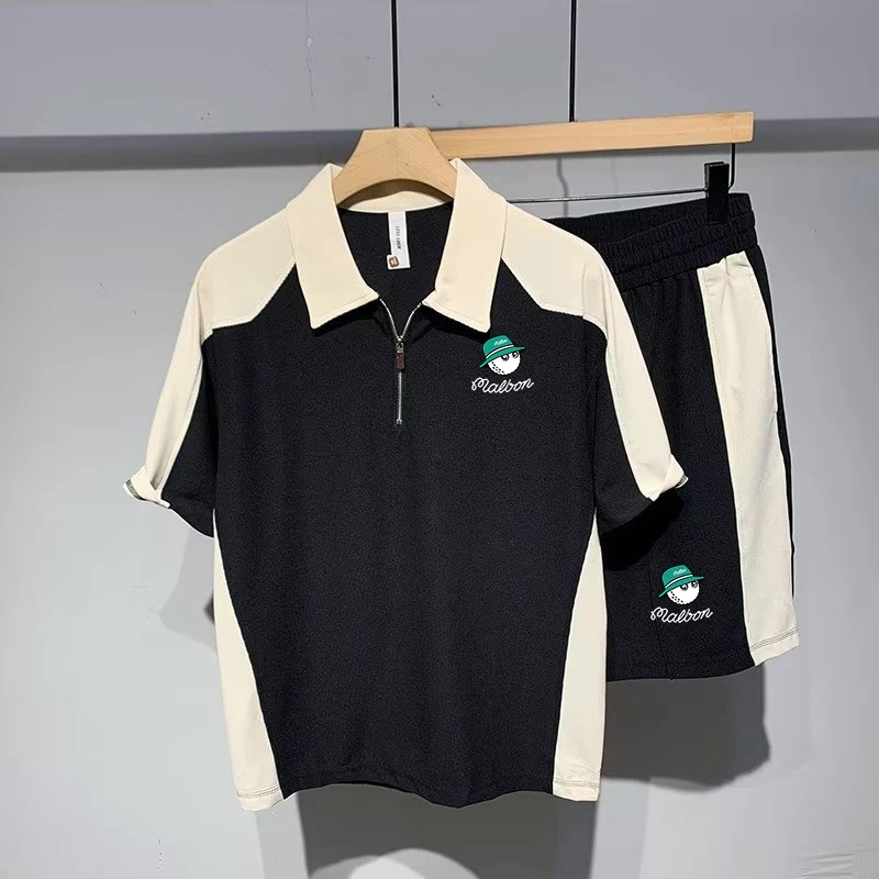 

Модная свободная тонкая рубашка-поло с цветными блокировками для гольфа, шорты, новинка из двух частей, летний Повседневный дышащий спортивный костюм