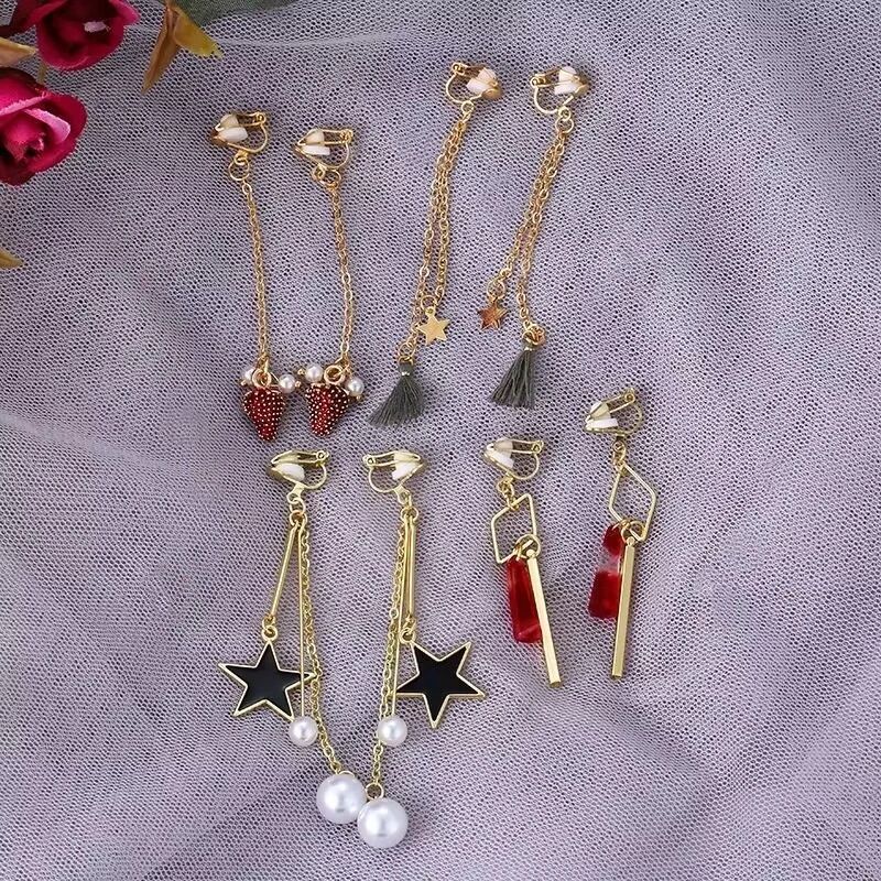 4 Pcs Korean Style Clip on Earrings No Pierced Earring for Women Flower Star Heart Fruit Ear Clip Jewelry Gift