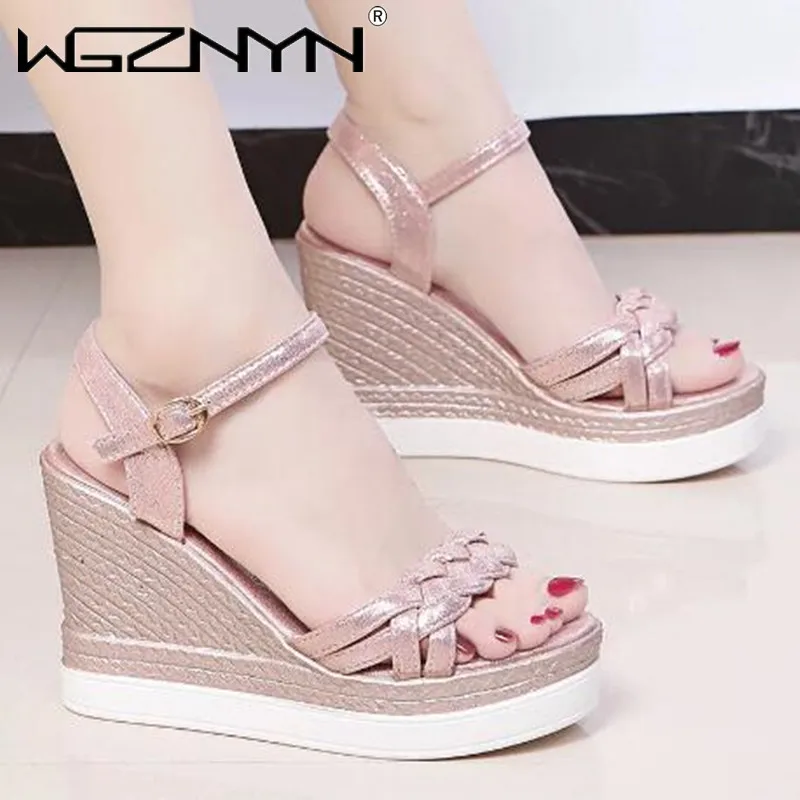 

2022 Fashion Women Wedge Sandals Summer Shiny Weaving Platform Sandals Buckle Strap Peep Toe Thick Bottom Casual Shoes Ladies