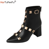 fashion pointed toe ankle boots women black khaki luxury cow leather rivets decorate 2022 autumn winter chunky heels shoes