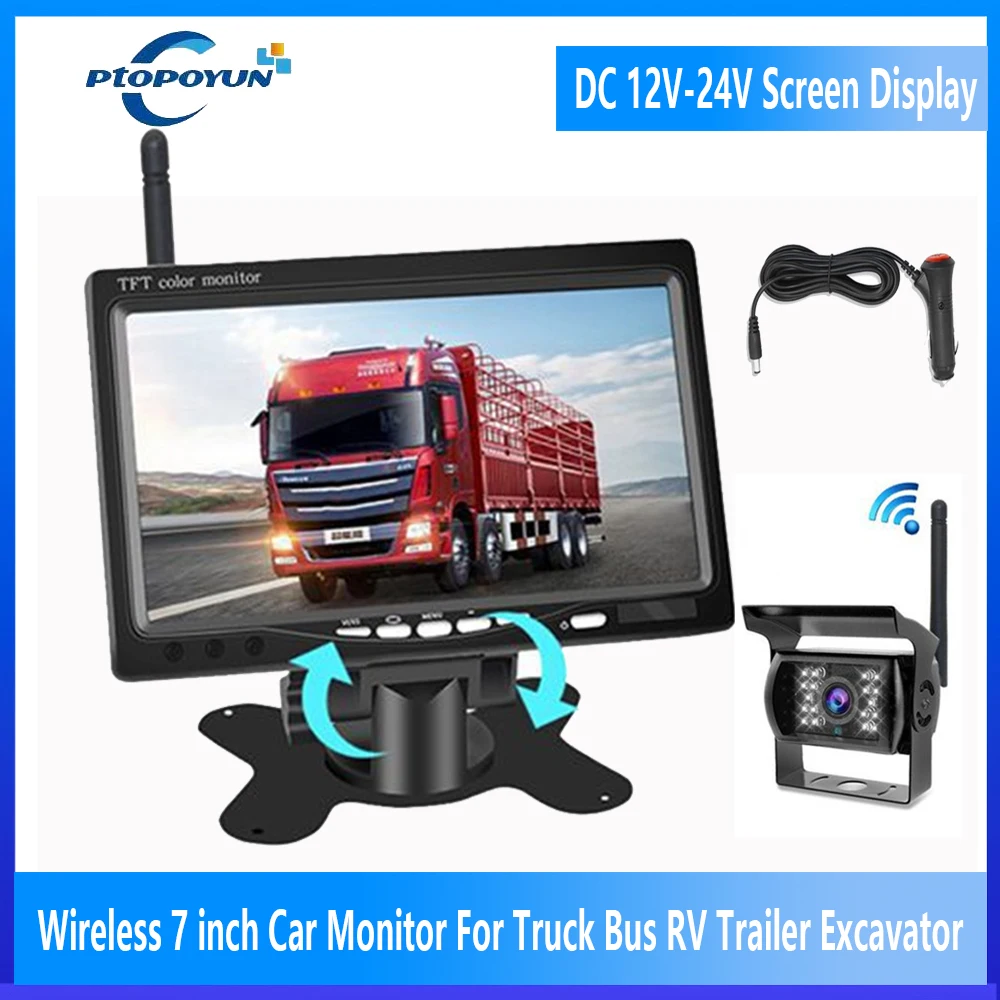 

Ptopoyun Wireless 7 inch Car Monitor Screen Rear View Camera For Truck Bus RV Trailer Excavator Rearview Image 12V-24V Display