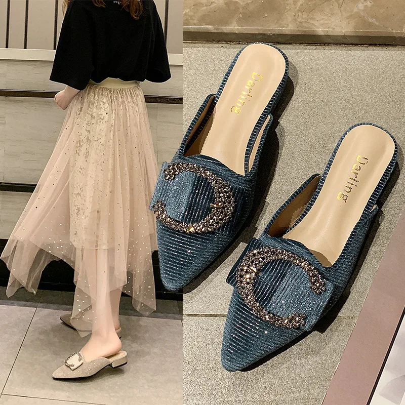 

Slippers Women Summer Wear 2022 Rhinestone Buttons Lazy Baotou Half Drag Low Heel Thick Heel Pointed Mules